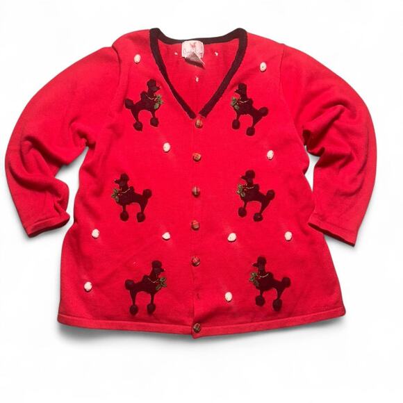 Quacker factory red poodle Christmas cardigan (missing 1 button) - Picture 1 of 8
